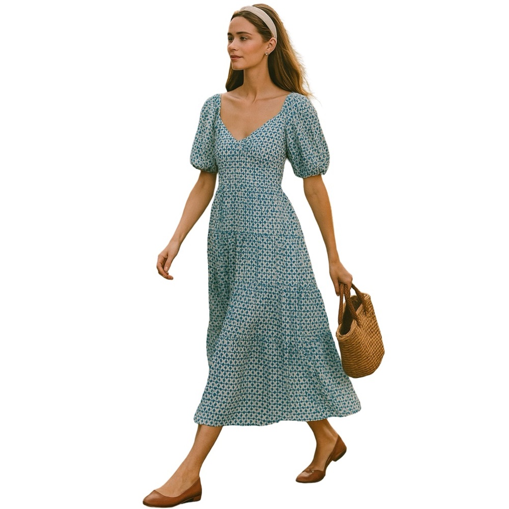 Melloday Maxi Tiered Blue And White Abstract Pattern Preppy Old Money Beach